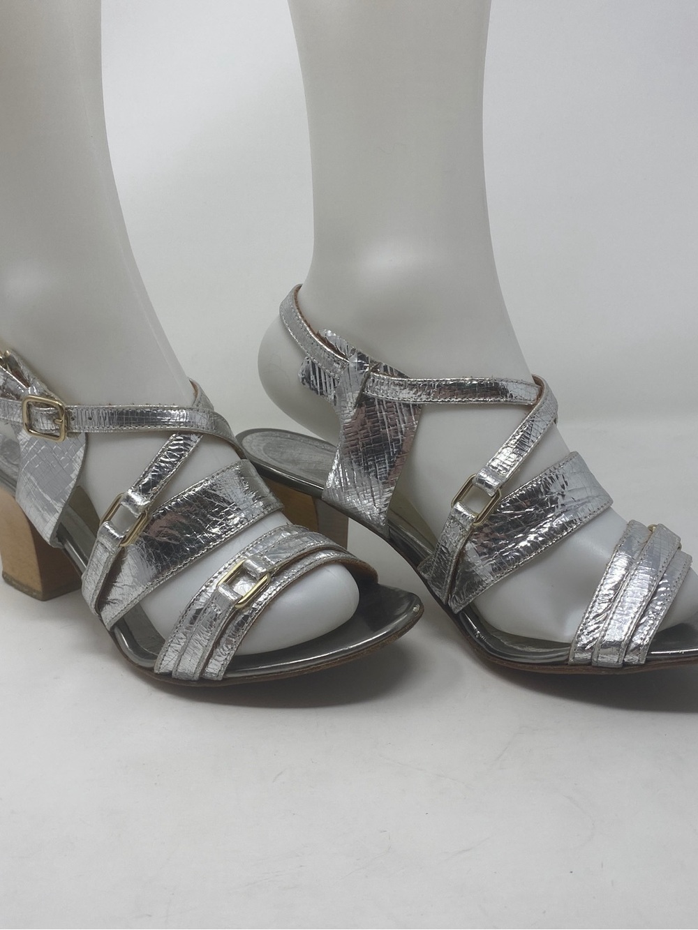 Lanvin Silver Metallic Leather Strappy Block Heel Sandals 38